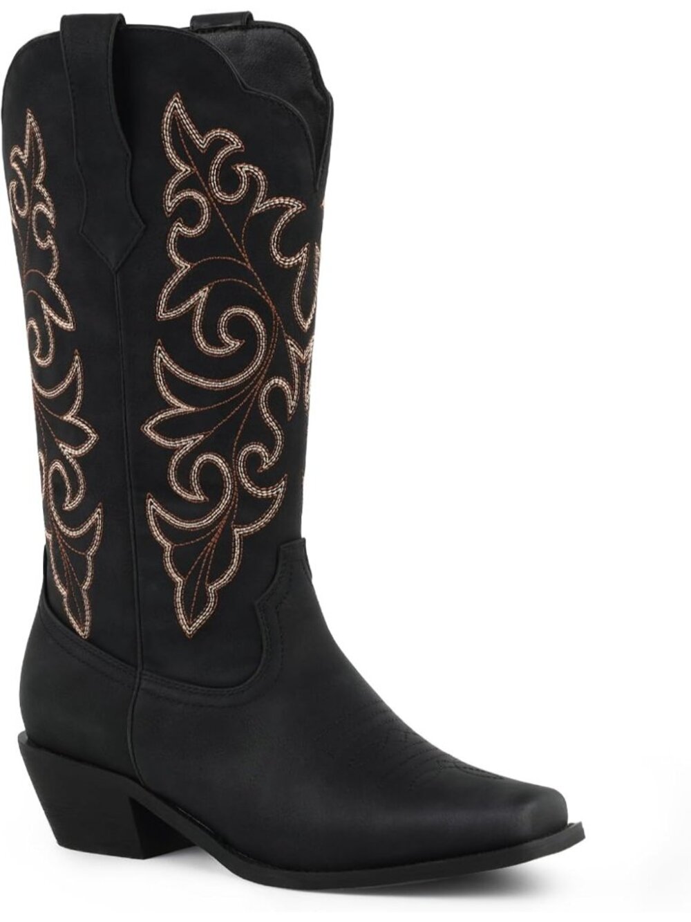 Women's Black Mid-Calf Cowgirl Boots Square Toe Low Chunky Heel Western Boots